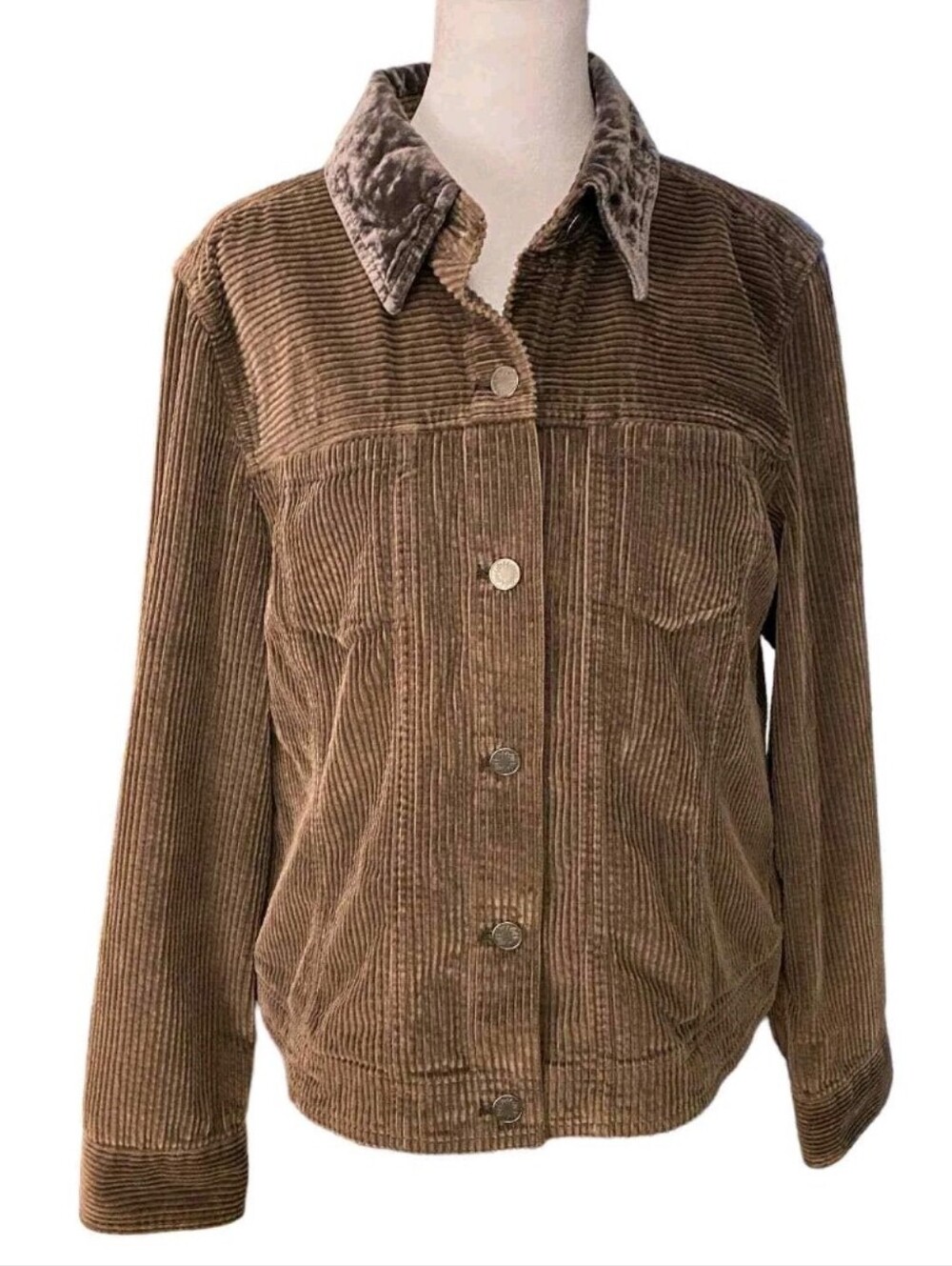 Jjill Y2k Corduroy Button-Up Jacket with Velvet Collar - Brown
